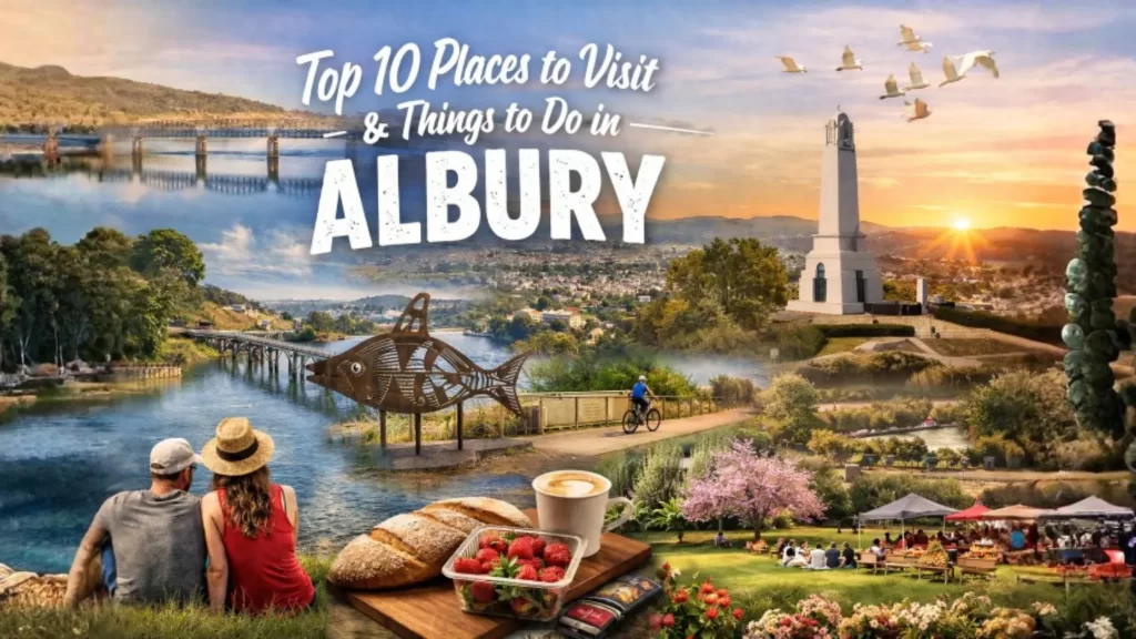 Albury tourism banner showing local attractions including Lake Hume, Yindyamarra Sculpture Walk, Monument Hill, and outdoor lifestyle scenes.