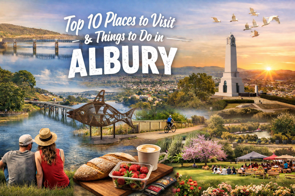 Albury tourism banner showing local attractions including Lake Hume, Yindyamarra Sculpture Walk, Monument Hill, and outdoor lifestyle scenes.