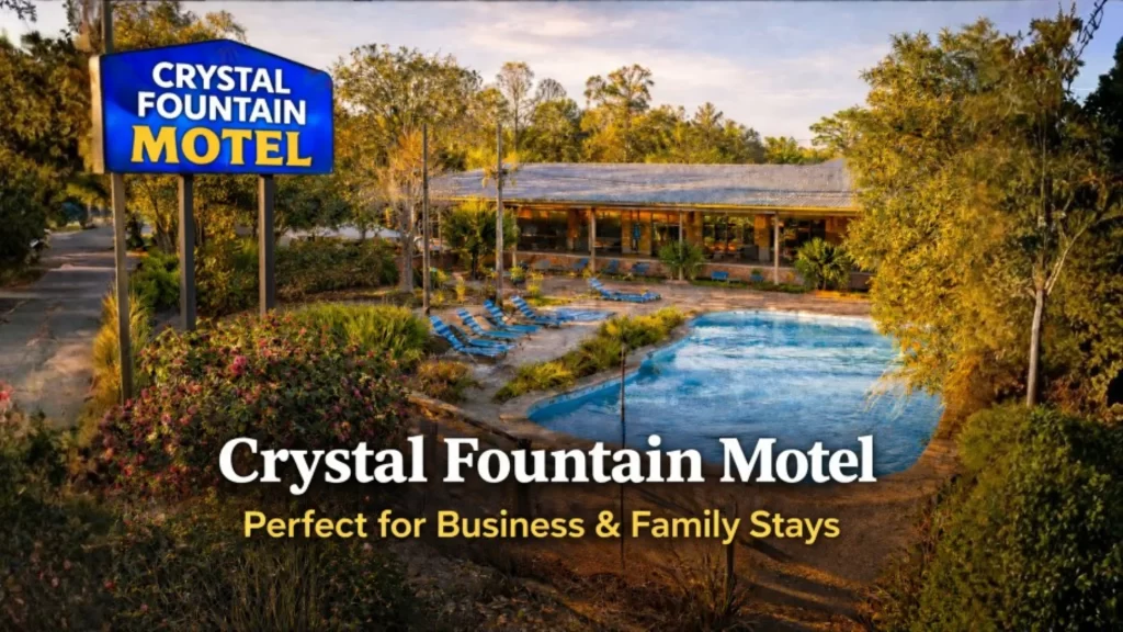 Front entrance of Crystal Fountain Motel with bright signage and neatly presented exterior in Albury NSW