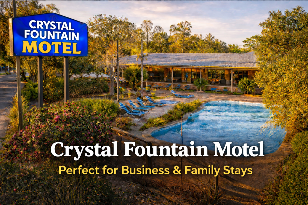 Front entrance of Crystal Fountain Motel with bright signage and neatly presented exterior in Albury NSW