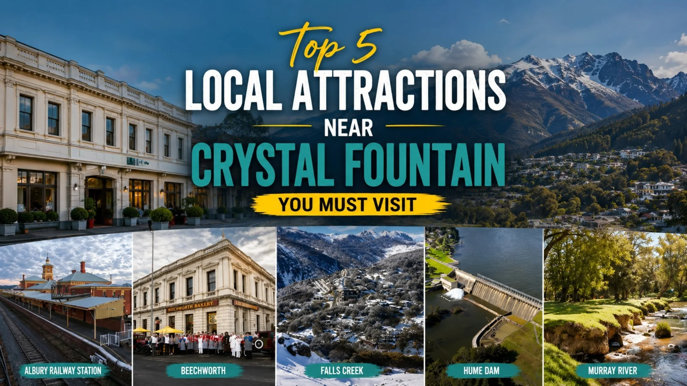Top attractions near Crystal Fountain Motel Albury featuring Lake Hume, Murray River, Albury Railway Station, Falls Creek and Beechworth