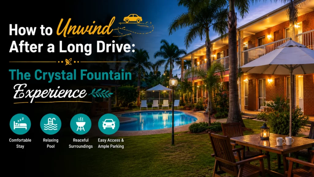 Crystal Fountain Motel in Albury offering comfortable rooms, a swimming pool and a relaxing overnight stay for road travellers